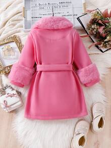 SHEIN Elladie kids 女童仿毛领大衣，优雅可爱，适合年轻女孩冬季穿着。优雅女童外套，抓绒外套，秋冬季女童连衣裙，女童大衣。 - 西瓜粉 - 查看 2