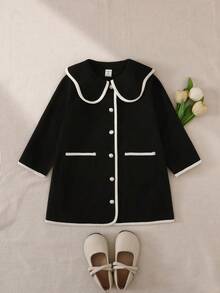 Elladie kids 1件女童舒适休闲优雅撞色领纽扣前袋长袖外套，适合秋冬季日常穿着 - 寶藍色 - 查看 3