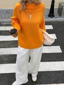 Livesso Women's Loose Business Casual Fashion Street Style Orange High Neck Knit Sweater, Suitable For Autumn & Winter, Christmas & New Year - Coral Orange - View 6