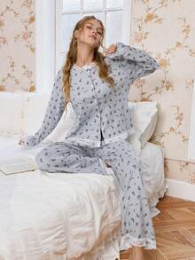 CottageSlumber Soft & Skin-Friendly Floral Lace Trim Long Sleeve Women Pajama Set, Winter Clothes - Grey - View 3