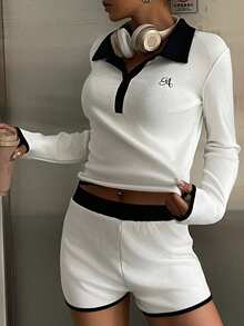 DAZY Set di abbigliamento casual da donna con blocchi di colore, patchwork e decorazioni ricamate, abiti invernali - Bianco - Visualizzare 6