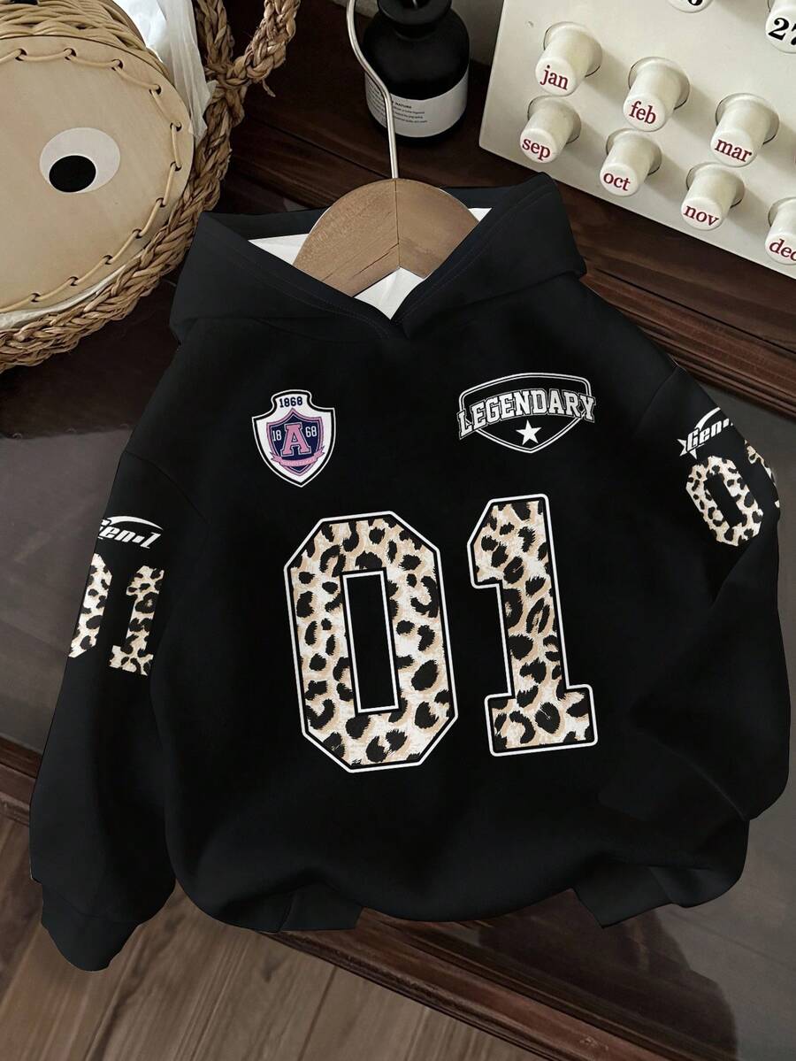 Slaydiva Printed Hoodie Contrast Color Tracksuit F1 Letter Number Badge Printed Street Fashion Hip Hop Graphic Plus Size Sweatshirt For Women, Suitable For Autumn/Winter, Airport Outfit, Chic Leopard Print Hoodie Black Hoodie Hoodies Y2k Hoodie