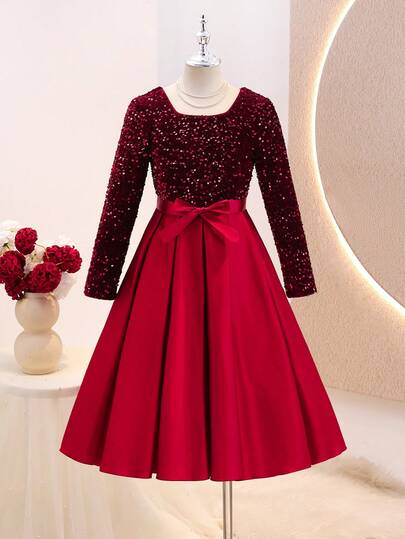 Sparklyn Tween Girl Elegant Sequin Patchwork Christmas Dress, Autumn/Winter Holiday Outfit  Christmas Girls Dress Elegant Red Dress For Kids Long Sleeve Sequin Dress Girls Red Formal Dress For Girls  Princess Halloween/Christmas Party  Dresses