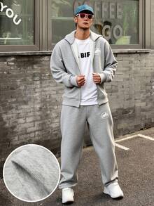 DAZY 秋冬厚款山峰图案印花连帽卫衣，街头风格男士连帽衫套装 - 灰色 - 查看 3