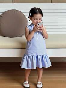 SHEIN 女婴 0-3 岁春夏休闲学院风日常百搭无袖 Polo 领蓝白条纹连衣裙，适合婴儿日常穿着 - 藍色 - 查看 1