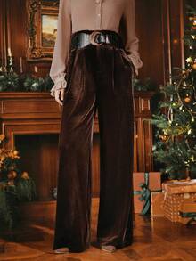Anewsta Elegant Coffee Brown Flared Trousers, Velvet Fabric With Belt, Women's Office Wear, Autumn/Winter - Coffee Brown - View 4