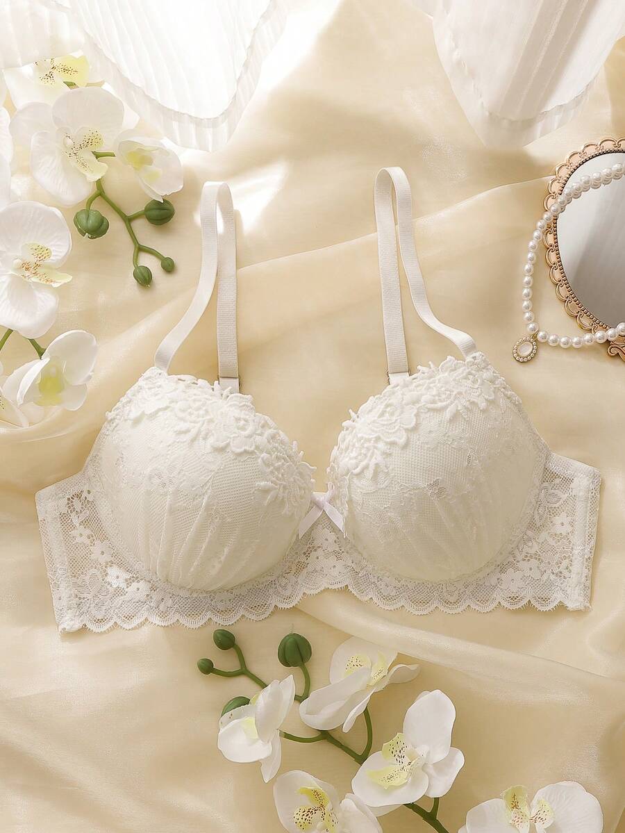 DelicateAllure Underwire, Molded Cup, High Support, Lift & Enhance, Delicate Lace, Mesh Inset, Innocent, Romantic, Elegant, Refined Ladies Bra - White - View 1