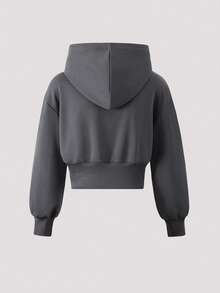 Girls Casual Knit Solid Color Front Graphic Letter Print Drop Shoulder Long Sleeve Drawstring Waist Hoodie Top & Pants 2 Piece Set - Grey - View 3