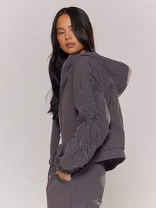 MUSERA Áo khoác có mũ, khóa kéo toàn thân, chất liệu nylon, thêu họa tiết, dành cho nữ cá tính, phong cách đường phố, thường ngày, mùa đông, kiểu áo sinh viên, năm 1997. - Màu xám đen - Xem 3