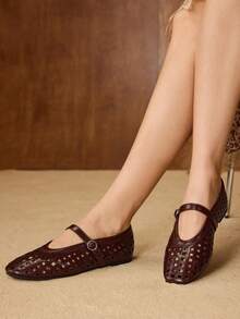 MOTF PREMIUM Nuevos zapatos de ballet con láser hueco para mujer, primavera y verano, con hebilla de metal transpirable y zapatos de Mary, zapatos de boca ligera, bailarinas de punta cuadrada marrón, elegancia versátil, de moda, sandalias de alta gama ligeras y cómodas - Café integral - Ver 2