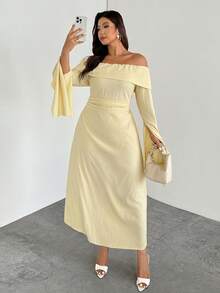 Firerie Plus Size Women's Elegant Yellow Autumn Off-Shoulder Slit Flare Long Sleeve Ruched Slim A-Line Midi Dress For Party Graduation Ceremony Vacation - Yellow - View 6