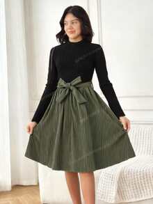 SHEIN Teen Girls' Elegant Casual Knit Patchwork Leopard Print Long Sleeve Dress - Multicolor - View 5