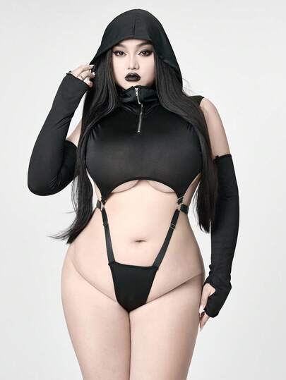 Goth Conjunto de lencería de 3 piezas con body con capucha, guantes y estilo gótico para tallas grandes