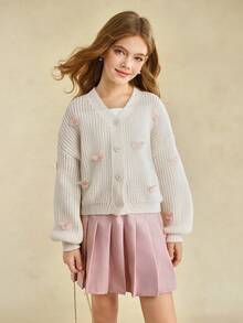 少女Y2K闪亮粉色3D蝴蝶贴花V领开衫，时尚返校季，秋冬季 - 米色 - 查看 5