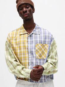 SUMWON Crop Fit Long Sleeve Color Block Check Button Down Shirt With Plaid Pattern Casual - Multicolor - View 1