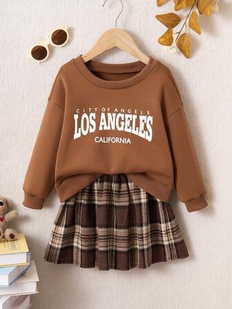 Reset Phase 2pcs/Set Young Girl' Retro Loose Printed Sweatshirt And Plaid Mini Skirt Set, Fashion School Style