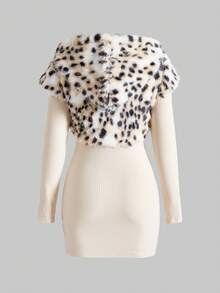 ROMWE Avant Y2K Chic Leopard Print Faux Fur Vest & V-Neck Long Sleeve Dress Set - White - View 2