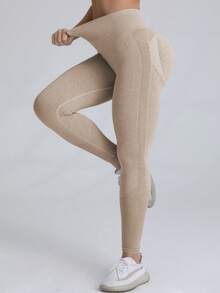 Easithlete 女士纯色高腰运动紧身裤，适合日常健身瑜伽裤 - 卡其色 - 查看 7