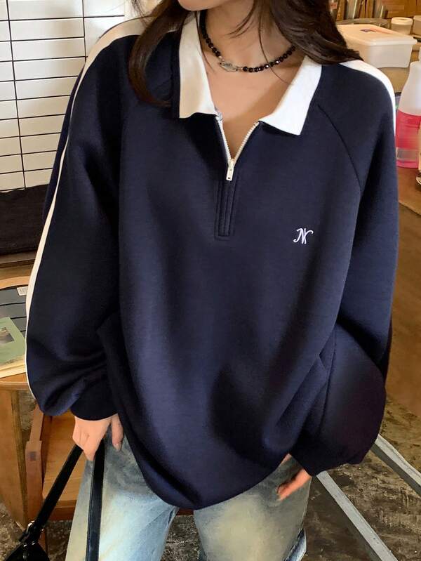 DAZY Women's Casual Pullover Sweatshirt With Turndown Collar, Long Sleeve, Loose Fit, Color BloThermal Linedning, Street Style, Suitable For Autumn/Winter