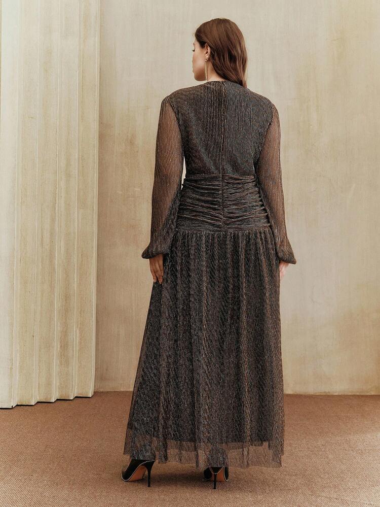 Elegant Vintage High-Quality Shiny Textured Dignified Deep V-Neck Cinched Waist Draping Evening Gown Dress For Women, Suitable For Fall, Winter, New Year, Party, Wedding, Elegant, Chic, Stylish, Christmas, Festival, Holiday