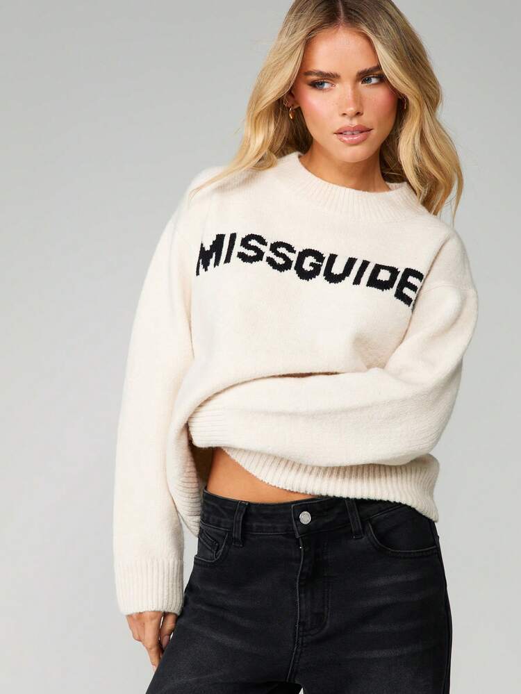 MISSGUIDED Crew Neck Long Sleeve Knit Sweater With Text Print For Casual Winter Wear