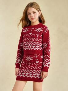 Tween Girl Christmas Element Geometric Pattern Knit Sweater And Skirt Set - Red - View 4
