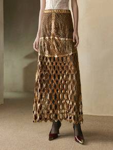 Arave 女士镀金粘胶混纺优雅约会夜中长裙 - 咖啡棕 - 查看 3