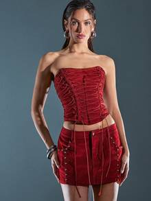 Denimoi 丝绒牛仔超短迷你裙性感GNO夜店演唱会时尚 - 紅色 - 查看 3