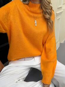 Livesso Women's Loose Business Casual Fashion Street Style Orange High Neck Knit Sweater, Suitable For Autumn & Winter, Christmas & New Year - Coral Orange - View 2