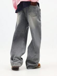 SUMWON 阔腿滑板裤，拼接细节，复古水洗牛仔街头风宽松裤，纯色 - 藍色 - 查看 2