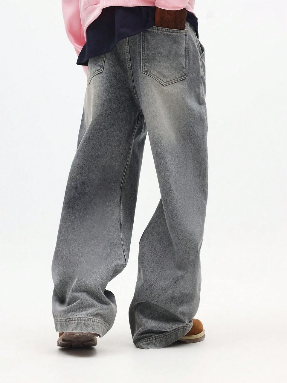 SUMWON Wide Leg Skater Fit Jeans With Panel Detail Vintage Wash Denim Streetwear Baggy Pants Plain
