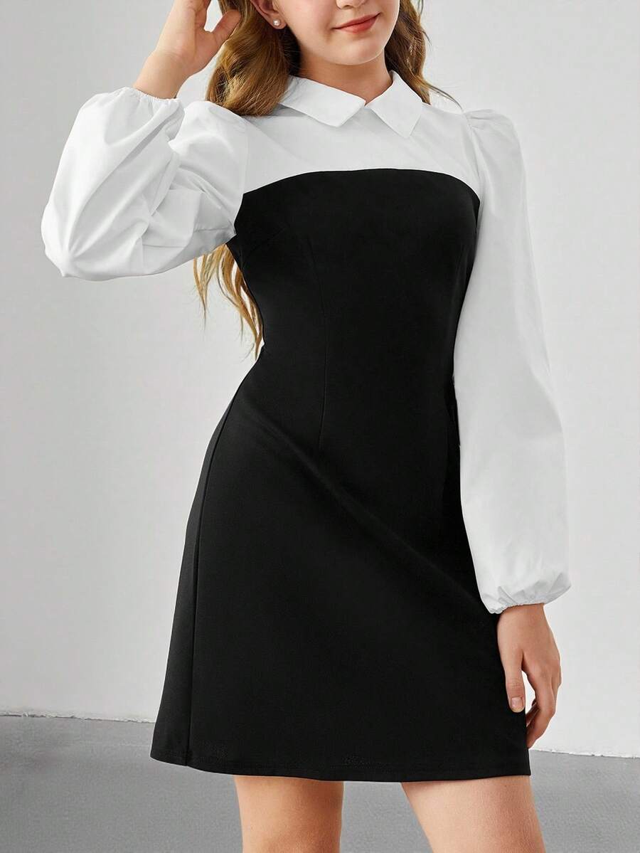 SHEIN Gaun Lengan Panjang Berkerah 2 in 1 Elegan dengan Kontras Warna untuk Remaja Perempuan yang Berpergian - Hitam dan Putih - View 1