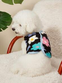 PETSIN 1pc Pet Cat Dog Universal Cute Flower Pattern Printed Double Sided Elastic Plush Comfortable Warm Open Button Dog Sleeveless Jacket - Multicolor - View 4