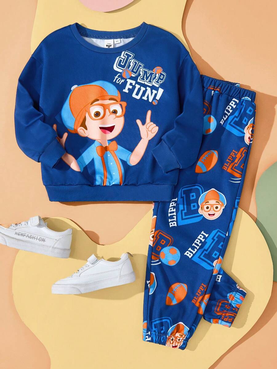 Blippi X SHEIN 男童两件套卡通字母图案针织圆领宽松卫衣和裤子套装，秋冬 - 藍色 - 查看 1