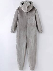 青少年男孩鲨鱼连帽羊毛睡衣，灰色，长袖连体衣，秋冬季睡衣 - 灰色 - 查看 2