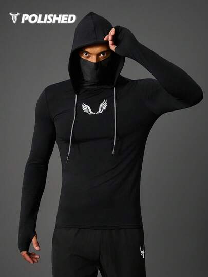 Manfinity Sport Polished Men's Wing Print Long Sleeve Drawstring Hooded Sweatshirt Workout Gym-Wear