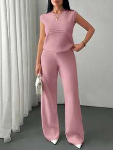 EURMUSE Two Pieces Sleeveless Knit Set Featuring Minimalist Crew Neck Top And High-Waisted Ribbed Pants In Soft Ivory - Pink - View 5