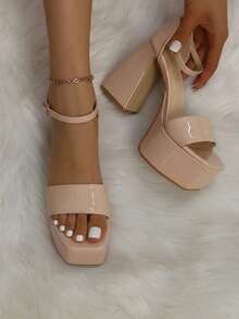 Sandalia mujer con tiras trenzadas, punta cuadrada, tacón grueso, estilo minimalista para oficina y casual - Albaricoque - Ver 1