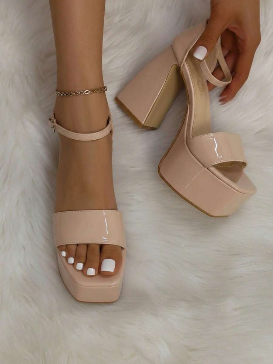 Sandalia mujer con tiras trenzadas, punta cuadrada, tacón grueso, estilo minimalista para oficina y casual - Albaricoque - Ver 1