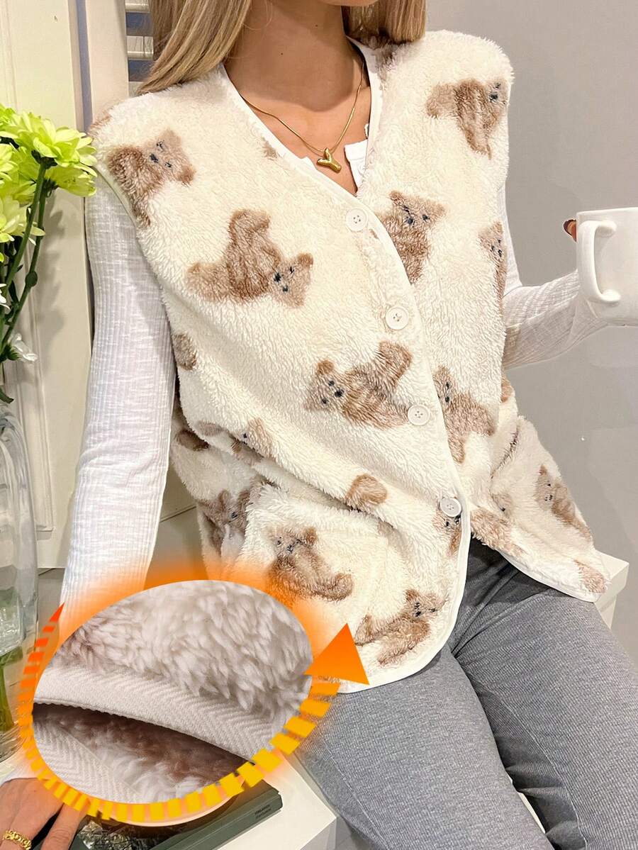 DAZY Women's Bear Pattern Fleece Sleeveless Fluffy Cozy Pajama Top, Winter - White - View 1