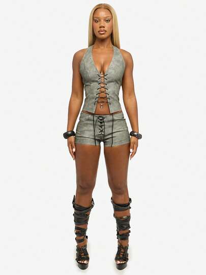 SUMWON WOMEN Halter Neck Lace-Up Faux Leather Top With Grommets