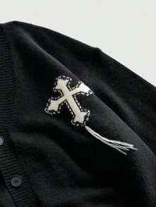 ROMWE MEN Goth 男士V领前开长袖针织休闲百搭复古十字毛衣 - 黑色 - 查看 3