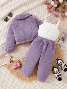 SHEIN Playful Pals 女婴秋冬三件套：翻领工装外套、纯色背心和长裤，适合户外日常穿着。女婴冬季套装，女婴紫色套装，女婴服装，紫色两件套冬季毛绒服装 - 彩色 - 查看 2
