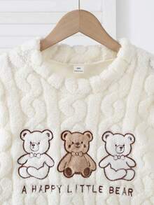 2pcs Girls Plush Jacquard Crew Neck Long Sleeve Top And Pants Pajama Set, Cozy Bear & Letter Pattern, Suitable For Autumn/Winter - Multicolor - View 3