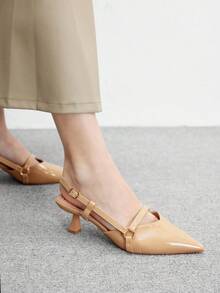 CUCCOO BIZCHIC 女士尖头小猫跟杏色时尚百搭百搭舒适通勤女士中跟一脚蹬穆勒鞋，适合户外、购物、办公室穿着 - 卡其色 - 查看 5