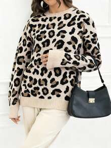 EURMUSE Woman Leopard Jacquard Print Detailed Cozy Soft Oversize Retro Casual Sweater Travel Beige Autumn - White - View 5