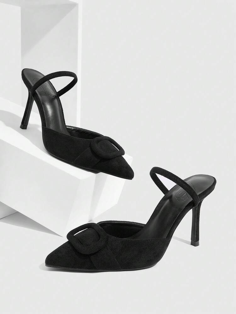 CUCCOO SZL Women's Solid Color Button Design Pointed Toe Fashion Daily Wear High Heel Mules