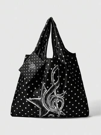 Kawaii Fashionable All-Over Heart & Music Note Pattern Large Capacity Foldable Tote Bag With Coin Purse, Portable Shopping Bag