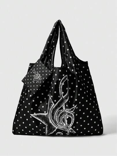 Kawaii Fashionable All-Over Heart & Music Note Pattern Large Capacity Foldable Tote Bag With Coin Purse, Portable Shopping Bag