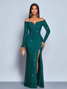 SOLERSUN Women's Fashionable Elegant V-Neck Off Shoulder Mermaid Hem Cocktail Party Night Club Bodycon Sexy Dress, Suitable For Christmas Party Vacation & Dating - Dark Green - View 3